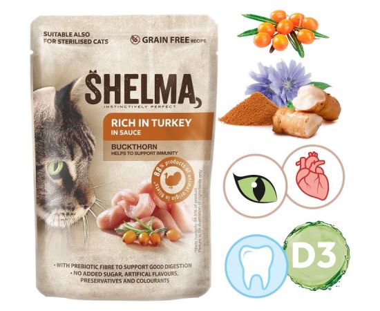 SHELMA Rich in turkey in sauce - wet cat food - 85g Kaķu konservi