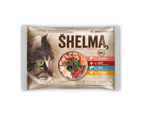 SHELMA Rich in salmon, cod, beef and chicken - wet cat food - 4x85g Kaķu konservi