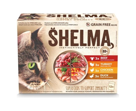 SHELMA with turkey, duck, chicken and beef in sauce - wet cat food - 12x85g Kaķu konservi