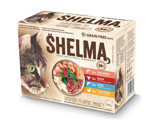 SHELMA with salmon, cod, chicken and beef in sauce - wet cat food - 12x85g Kaķu konservi