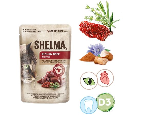 SHELMA Rich in beef in sauce - wet cat food - 85g Kaķu konservi