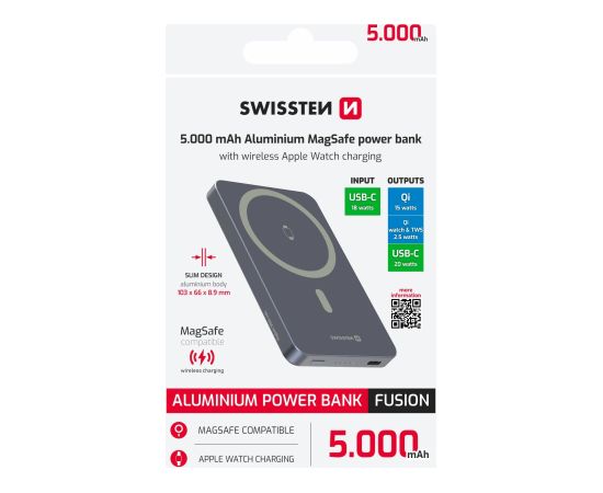 Swissten FUSION Power Bank Универсальный Внешний Аккумулятор MagSafe / Apple Watch / 5000 мАч Серебристый Power-банки