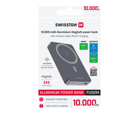 Swissten FUSION Power Bank Universāla Ārējas Uzlādes Baterija MagSafe / Apple Watch / 10000 mAh Sudraba Power Banks