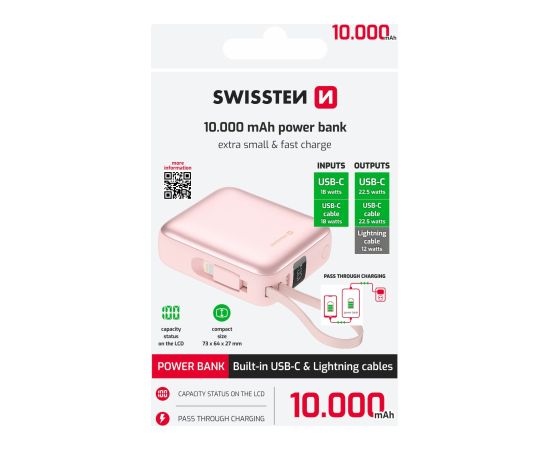 Swissten SPACE Power Bank Universāla Ārējas Uzlādes Baterija USB-C / Lightning / 10000 mAh Rozā Power Banks