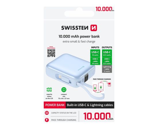 Swissten SPACE Power Bank Universāla Ārējas Uzlādes Baterija USB-C / Lightning / 10000 mAh Zila Power Banks