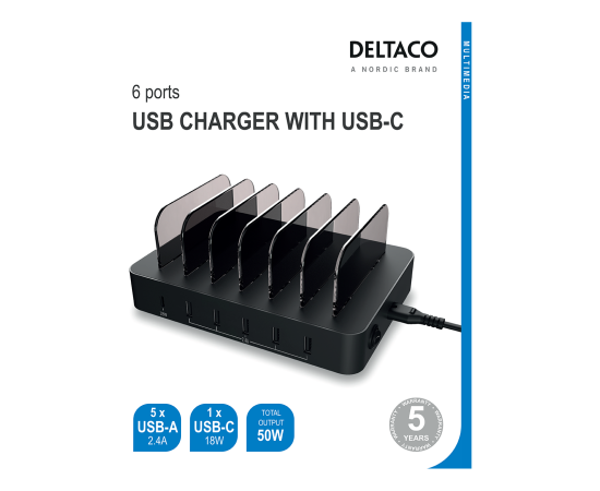 DELTACO USB uzlādes stacija 6 ierīcēm DPS-0200 Решения для зарядки