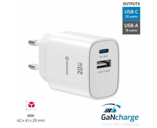 Swissten Edge GaN Зарядное устройство USB-C PD 20W + USB-A 18W QC Зарядные устройства