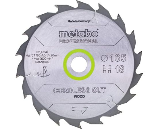 Griešanas disks kokam Metabo 628295000; DI; 165x20 mm; Z36; 15° Zāģripas