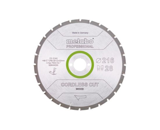 Griešanas disks kokam Metabo 628444000; 216x30 mm; Z28 Zāģripas