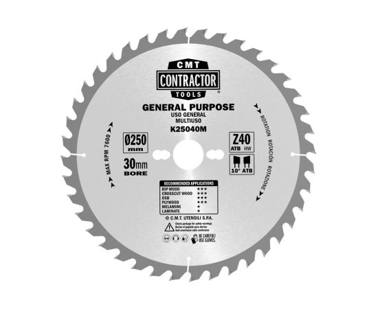 Griešanas disks kokam CMT K25060M; 250x30 mm; Z60; 15° Zāģripas