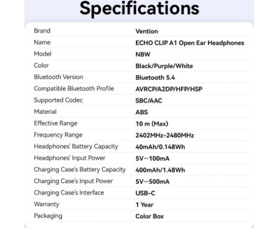 HEADSET WRL ECHO CLIP A11/BLACK NBWB0-PH VENTION Наушники