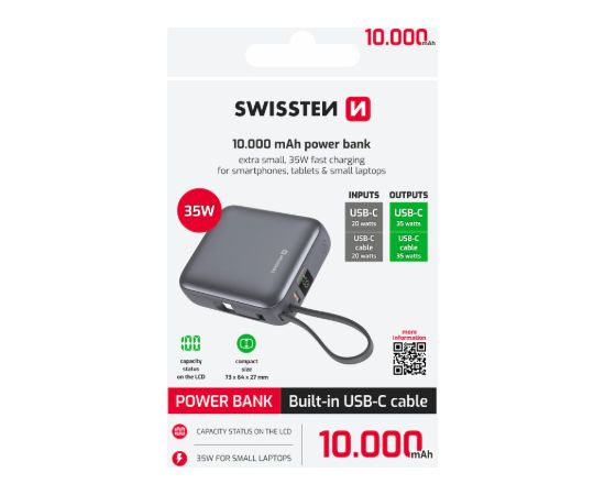 Swissten SPACE Power Bank Универсальный Внешний Аккумулятор Встроенный Кабель USB-C 35W / 10000 mAh Серебристый Power-банки