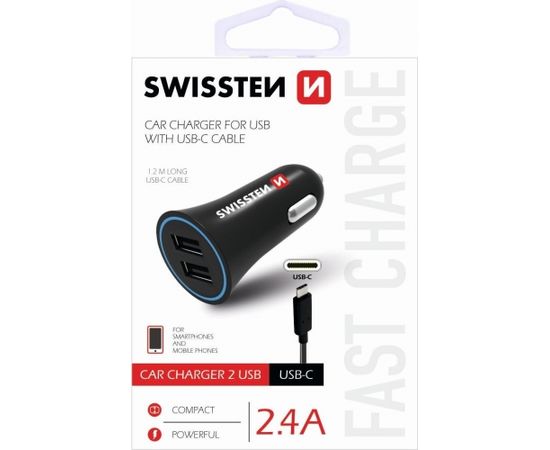 Swissten Premium Auto Lādētājs 12 / 24V / 1A + 2.1A + USB-C Datu Kabelis 100 cm Melns