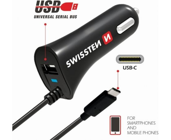 Swissten Premium Auto Lādētājs 12 / 24V / 2.4A + iebūvēts USB-C Datu Kabelis 100 cm Melns