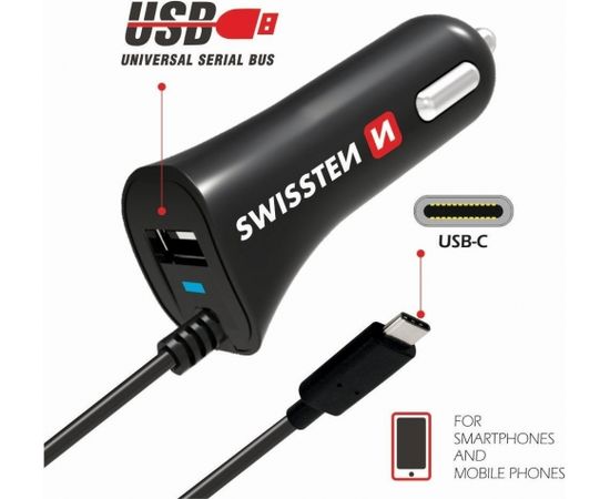 Swissten Премиум Автомобильная зарядка 12 / 24V / 2.4A с встроенным кабелем USB-C 100 cm Черная