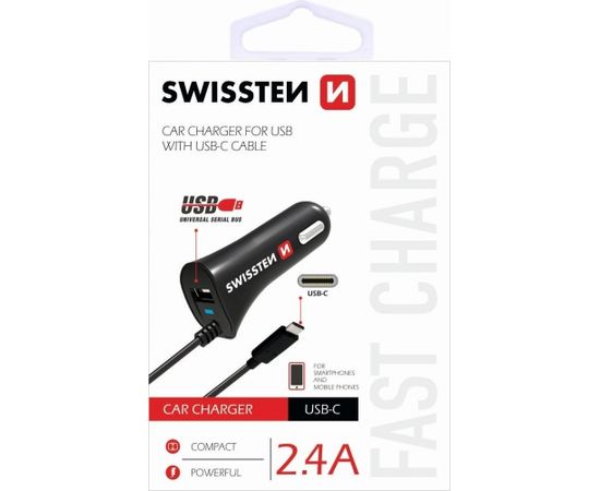 Swissten Premium Auto Lādētājs 12 / 24V / 2.4A + iebūvēts USB-C Datu Kabelis 100 cm Melns