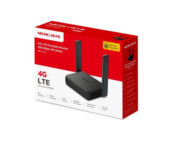 Mercusys MB113-4G Wireless 4G LTE Portable Router 802.11n Ethernet LAN (RJ-45) ports 2 300 Mbit/s Mesh Support No MU-MiMO No 4G Wireless Routers