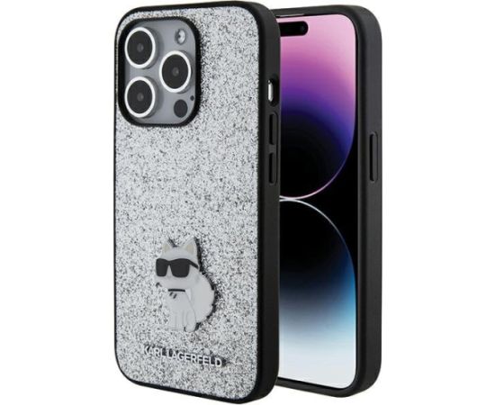 Karl Lagerfeld Fixed Glitter Choupette Logo Metal Pin Aizsargapvalks Priekš Apple iPhone 15 Pro Neoriģinālie Maciņi