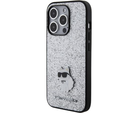 Karl Lagerfeld Fixed Glitter Choupette Logo Metal Pin Aizsargapvalks Priekš Apple iPhone 15 Pro Neoriģinālie Maciņi