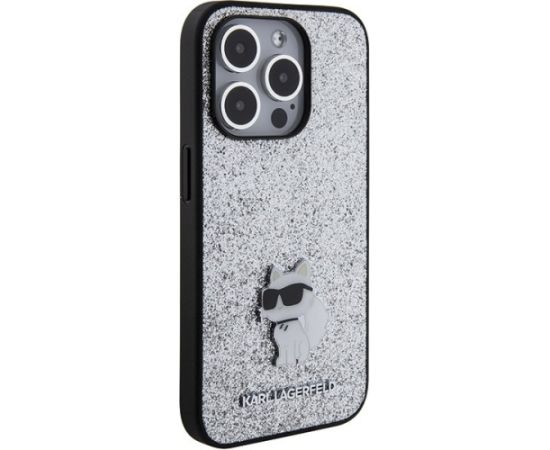 Karl Lagerfeld Fixed Glitter Choupette Logo Metal Pin Aizsargapvalks Priekš Apple iPhone 15 Pro Neoriģinālie Maciņi