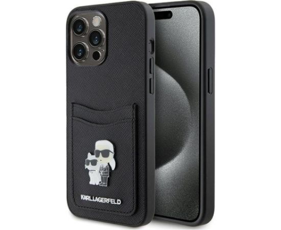 Karl Lagerfeld Saffiano Cardslot KC Metal Pin Back Case Aizsargapvalks Priekš Apple iPhone 15 Pro Max Neoriģinālie Maciņi