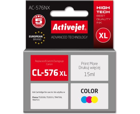 Activejet AC-576NX Canon printer ink, replacement Canon CL-576XL; Supreme; 15 ml; colour: blue, yellow, magenta Tintes printeru izejmateriāli