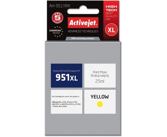Activejet AH-951YRX Ink (replacement for HP 951XL CN048AE; Premium; 25 ml; yellow) Tintes printeru izejmateriāli