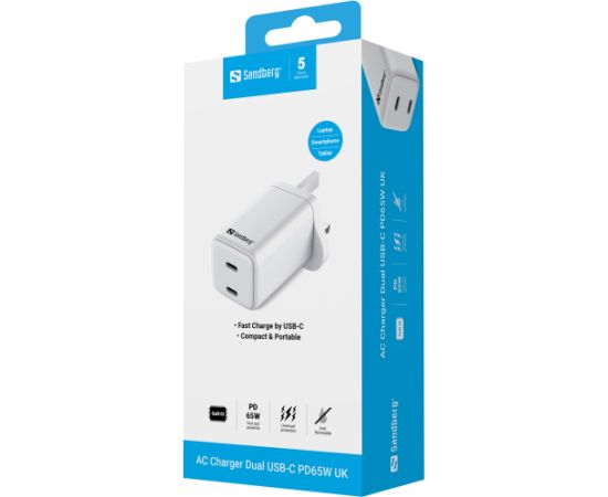 Sandberg 441-62 AC Charger Dual USB-C PD65W UK Зарядные устройства