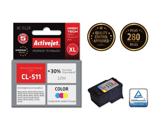 Activejet AC-511R Ink cartridge (replacement for Canon CL-511; Premium; 12 ml; color) Tintes printeru izejmateriāli