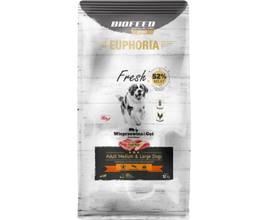 BIOFEED Euphoria Fresh Adult Medium & Large Pork with goose - dry dog food - 12kg Suņu barība