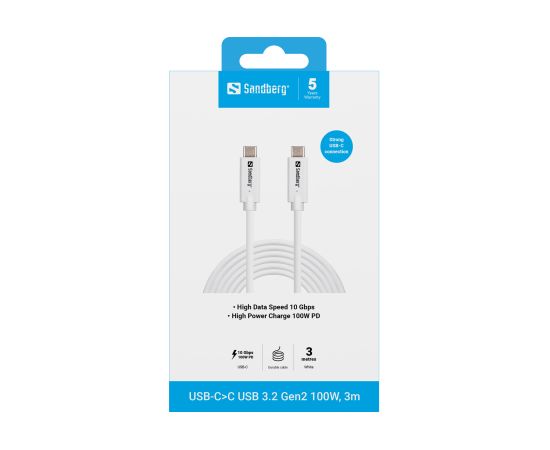 Sandberg 136-75 USB-C>C USB 3.2 Gen2 100W, 3m Data USB kabeļi