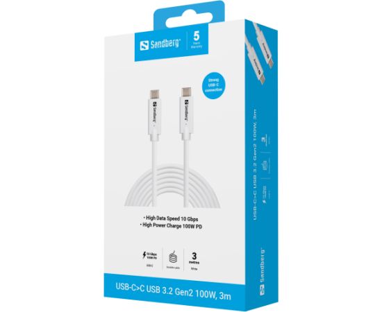 Sandberg 136-75 USB-C>C USB 3.2 Gen2 100W, 3m Data USB kabeļi