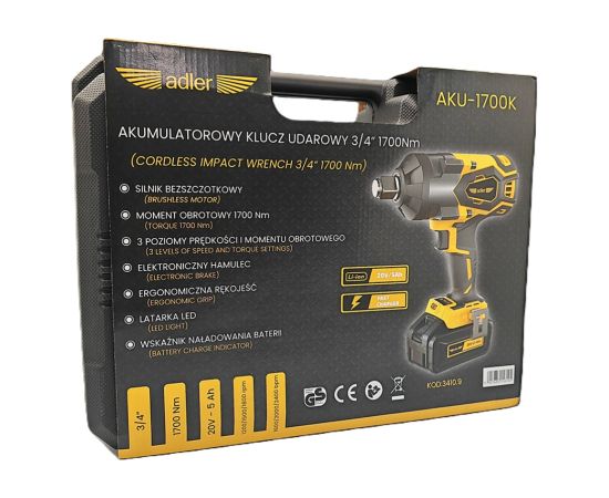 Triecienatslēga Adler AKU-1700K; 20 V; 3/4''; 1x5,0 Ah akum. Trieciena uzgriežņu pistoles ar akumulatoru