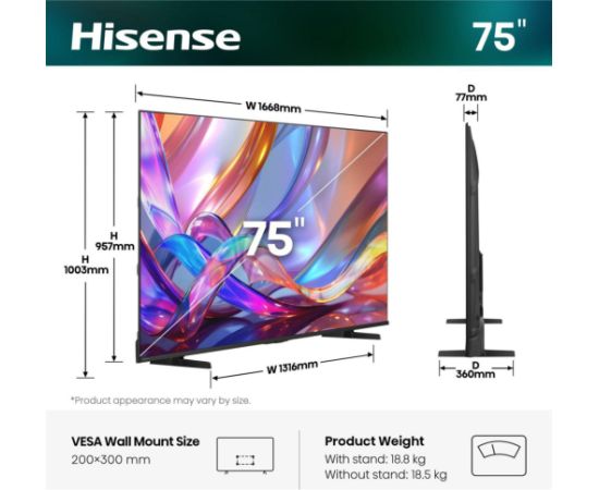 Hisense 75E7S Hi-QLED TV (189 cm (75 inches), black, UltraHD/4K, triple tuner) Телевизоры