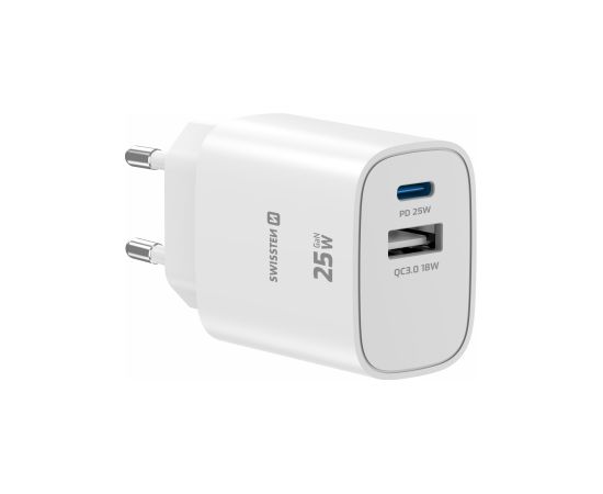 Swissten Edge Сетевое зарядное устройство USB-C PD 25W + USB-A QC 18W White Зарядные устройства