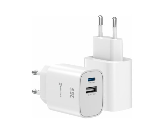 Swissten Edge Сетевое зарядное устройство USB-C PD 25W + USB-A QC 18W White Зарядные устройства