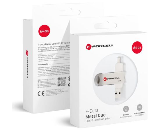 Forcell   Pendrive 64GB USB 3.2 Gen 1 (USB A / USB C) Forcell F-Data Metal Duo silver Карты памяти