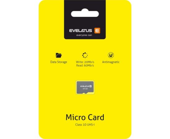 Evelatus   Micro Card SD 64GB 3.0 EMC01  W:20mb/s; R:60mb/s Atmiņas kartes micro SD SDHC