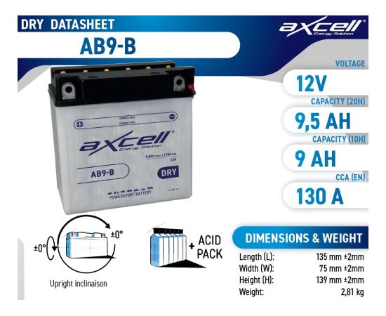 9.5Ah 115A Axcell DRY moto akumulators 135x75x139 Akumulatori