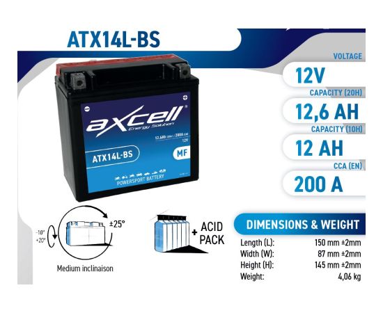 12.6Ah 200A Axcell AGM moto akumulators 150x87x145 Akumulatori