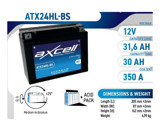 22.1Ah 350A Axcell AGM moto akumulators 205x87x162 Akumulatori