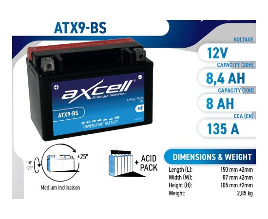 8.4Ah 135A Axcell AGM moto akumulators 150x87x105 Akumulatori