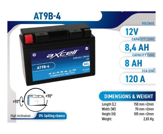 8.4Ah 120A Axcell GEL moto akumulators 150x70x105 Akumulatori