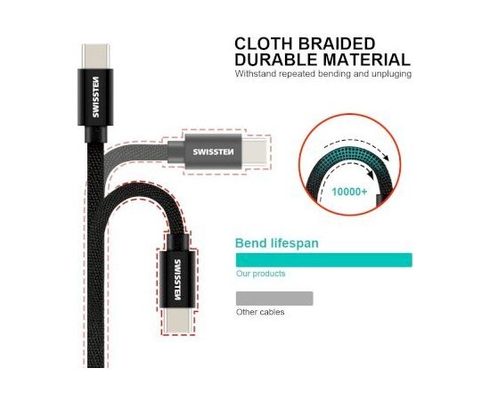 Swissten Textile Universāls Quick Charge 3.1 USB-C / USB-C Datu un Uzlādes Kabelis 0.2m melns Data USB kabeļi
