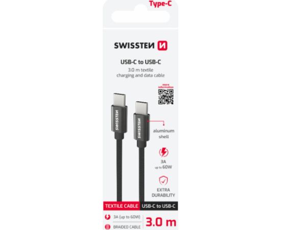 Swissten Textile Universāls Quick Charge 3.1 USB-C / USB-C Datu un Uzlādes Kabelis 3m melns Data USB kabeļi