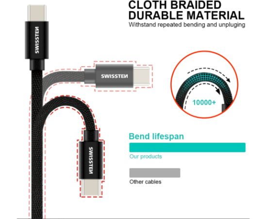 Swissten Textile Universāls Quick Charge 3.1 USB-C / USB-C Datu un Uzlādes Kabelis 3m melns Data USB kabeļi