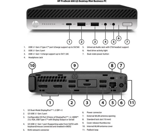 HP Renewed Grade A ProDesk 600 G5 DM Intel Core i3 i3-9100T 8 GB NVMe 128 GB Intel UHD Graphics 630 Windows 11 Home Atjaunoti personālie datori