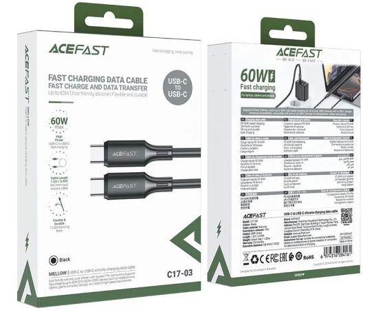 USB cable Acefast C17-03 USB-C to USB-C 1.2m black Data USB kabeļi
