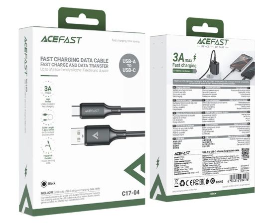 USB cable Acefast C17-04 USB-A to USB-C 1.2m black Data USB kabeļi