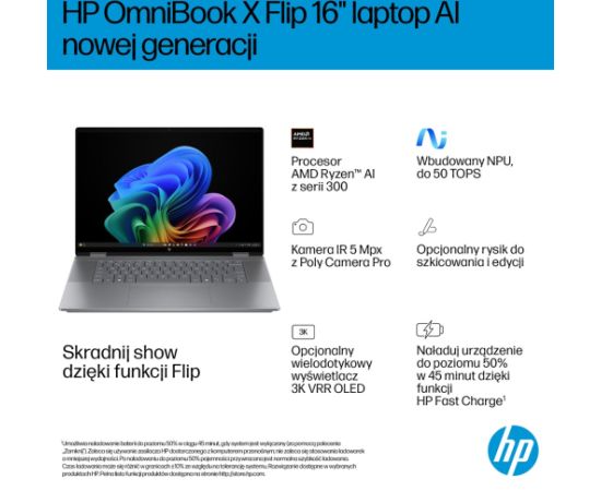 HP OmniBook X Flip 16-ar0016nw Ryzen AI 5 340 16.0"2K Touch OLED IPS 300nits AG 16GB LPDDR5X SSD1TB Radeon 840M Cam 5MPx + IR  68Wh Win11 Meteor Silver 2Y Portatīvie datori